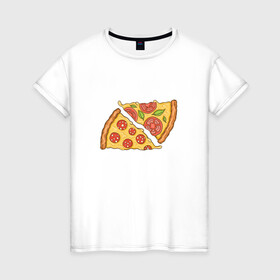 Женская футболка хлопок с принтом Два кусочка пиццы  в Тюмени, 100% хлопок | прямой крой, круглый вырез горловины, длина до линии бедер, слегка спущенное плечо | chees | cheesy | fast food | fastfood | food | love | margarita | pepperoni | pizza | pizza lover | pizza margherita | slice | two pizza slices | базилик | колбаса | колбаска | люблю пиццу | любовь | маргарита | овощи | пепперони | помидоры | сыр | тянущи