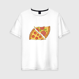 Женская футболка хлопок Oversize с принтом Два кусочка пиццы  в Тюмени, 100% хлопок | свободный крой, круглый ворот, спущенный рукав, длина до линии бедер
 | chees | cheesy | fast food | fastfood | food | love | margarita | pepperoni | pizza | pizza lover | pizza margherita | slice | two pizza slices | базилик | колбаса | колбаска | люблю пиццу | любовь | маргарита | овощи | пепперони | помидоры | сыр | тянущи