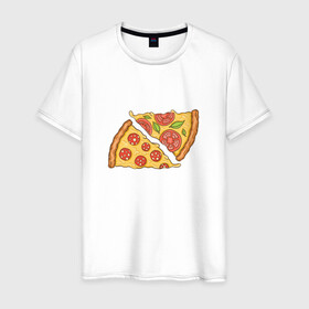 Мужская футболка хлопок с принтом Два кусочка пиццы  в Тюмени, 100% хлопок | прямой крой, круглый вырез горловины, длина до линии бедер, слегка спущенное плечо. | chees | cheesy | fast food | fastfood | food | love | margarita | pepperoni | pizza | pizza lover | pizza margherita | slice | two pizza slices | базилик | колбаса | колбаска | люблю пиццу | любовь | маргарита | овощи | пепперони | помидоры | сыр | тянущи