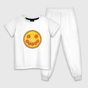 Детская пижама хлопок с принтом Пицца в виде смайлика | Smile  в Тюмени, 100% хлопок |  брюки и футболка прямого кроя, без карманов, на брюках мягкая резинка на поясе и по низу штанин
 | Тематика изображения на принте: chees | cheesy | fast food | fastfood | food | love | margarita | pepperoni | pizza | pizza lover | pizza margherita | базилик | колбаса | колбаска | люблю пиццу | любовь | маргарита | овощи | пепперони | помидоры | смайл | смайлик | сыр