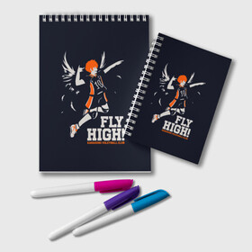 Блокнот с принтом fly high! Шоё Хината Haikyuu!! в Тюмени, 100% бумага | 48 листов, плотность листов — 60 г/м2, плотность картонной обложки — 250 г/м2. Листы скреплены удобной пружинной спиралью. Цвет линий — светло-серый
 | Тематика изображения на принте: 10 номер | anime | haikyu | haikyuu | hinata shoyo | karasuno | manga | аниме | волейбол | волейбольный клуб | иероглифы | карасуно | лети высоко | лого | манга | надпись | прыжок | старшая школа | хаику | хаикую