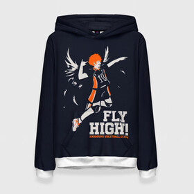 Женская толстовка 3D с принтом fly high! Шоё Хината Haikyuu!! в Тюмени, 100% полиэстер  | двухслойный капюшон со шнурком для регулировки, мягкие манжеты на рукавах и по низу толстовки, спереди карман-кенгуру с мягким внутренним слоем. | 10 номер | anime | haikyu | haikyuu | hinata shoyo | karasuno | manga | аниме | волейбол | волейбольный клуб | иероглифы | карасуно | лети высоко | лого | манга | надпись | прыжок | старшая школа | хаику | хаикую