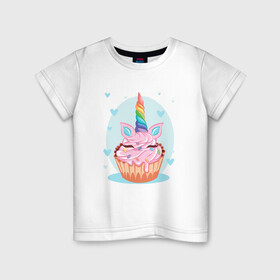 Детская футболка хлопок с принтом Единорог пироженка в Тюмени, 100% хлопок | круглый вырез горловины, полуприлегающий силуэт, длина до линии бедер | kawaii | unikorn | единорог | единорожка | конь | радуга | рог | цветной