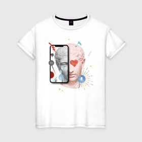 Женская футболка хлопок с принтом Ренессанс  в Тюмени, 100% хлопок | прямой крой, круглый вырез горловины, длина до линии бедер, слегка спущенное плечо | голова | лайк | микеланджело | ренессанс | селфи | сердце | слезы | статуя | телефон | фото