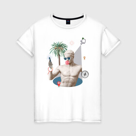 Женская футболка хлопок с принтом Лето / Ренессанс  в Тюмени, 100% хлопок | прямой крой, круглый вырез горловины, длина до линии бедер, слегка спущенное плечо | жвачка | лето | микеланджело | очки | пальмы | ренессанс | статуя | телефон