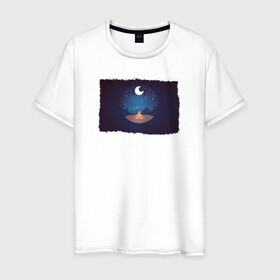 Мужская футболка хлопок с принтом Костер ночью под луной в Тюмени, 100% хлопок | прямой крой, круглый вырез горловины, длина до линии бедер, слегка спущенное плечо. | горы | звездное небо | костер | луна | лунная ночь | ночевка в горах | ночевка в лесу | ночь | пикник | туризм