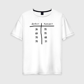 Женская футболка хлопок Oversize с принтом Дебет кредит в Тюмени, 100% хлопок | свободный крой, круглый ворот, спущенный рукав, длина до линии бедер
 | бухгалтер | бухгалтерия | бухгалтерский | дебет | зарплата | кредит | начисление | проводки