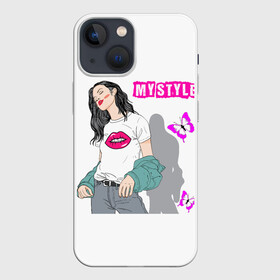 Чехол для iPhone 13 mini с принтом Мой стиль в Тюмени,  |  | бабочки | губы | девушка | иностранные | красотка | мода | надписи | поцелуй | слова | стиль