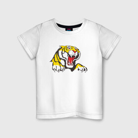 Детская футболка хлопок с принтом Тигр в Тюмени, 100% хлопок | круглый вырез горловины, полуприлегающий силуэт, длина до линии бедер | дыра | дырка | крупная кошка | разрывает | тигр | тигрица
