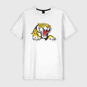 Мужская футболка хлопок Slim с принтом Тигр в Тюмени, 92% хлопок, 8% лайкра | приталенный силуэт, круглый вырез ворота, длина до линии бедра, короткий рукав | дыра | дырка | крупная кошка | разрывает | тигр | тигрица