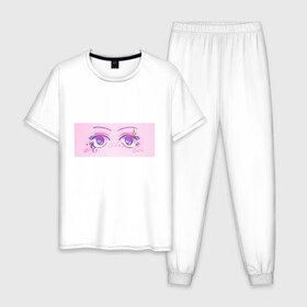 Мужская пижама хлопок с принтом Аниме глазки в Тюмени, 100% хлопок | брюки и футболка прямого кроя, без карманов, на брюках мягкая резинка на поясе и по низу штанин
 | kawaii | блестки | макияж | милота | розовый