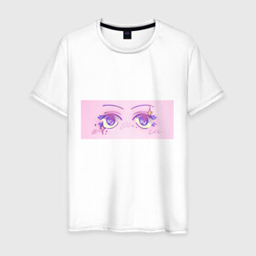 Мужская футболка хлопок с принтом Аниме глазки в Тюмени, 100% хлопок | прямой крой, круглый вырез горловины, длина до линии бедер, слегка спущенное плечо. | kawaii | блестки | макияж | милота | розовый