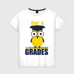 Женская футболка хлопок с принтом Owl Grades в Тюмени, 100% хлопок | прямой крой, круглый вырез горловины, длина до линии бедер, слегка спущенное плечо | арт | иллюстрация | карандаш | сова | студент