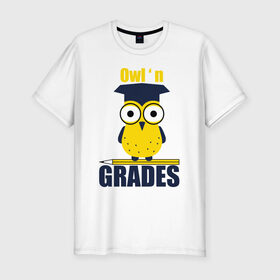 Мужская футболка хлопок Slim с принтом Owl Grades в Тюмени, 92% хлопок, 8% лайкра | приталенный силуэт, круглый вырез ворота, длина до линии бедра, короткий рукав | арт | иллюстрация | карандаш | сова | студент