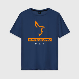Женская футболка хлопок Oversize с принтом KARASUNO лого Haikyu!! в Тюмени, 100% хлопок | свободный крой, круглый ворот, спущенный рукав, длина до линии бедер
 | anime | haikyu | haikyuu | karasuno | karasuno high | manga | аниме | волейбол | волейбольный клуб | ворон | вороны | карасуно | крылья | лого | манга | надпись | перо | птица | старшая школа | хаику | хаикую