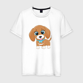Мужская футболка хлопок с принтом Собачка с бантиком в Тюмени, 100% хлопок | прямой крой, круглый вырез горловины, длина до линии бедер, слегка спущенное плечо. | cute | dog | woof | гав | забавный | пес | смешной | собака | щенок