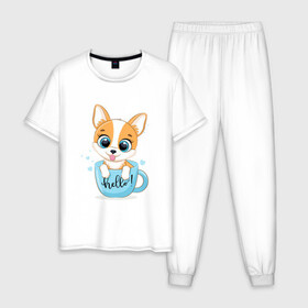 Мужская пижама хлопок с принтом Собачка в кружке hello в Тюмени, 100% хлопок | брюки и футболка прямого кроя, без карманов, на брюках мягкая резинка на поясе и по низу штанин
 | cute | dog | woof | гав | забавный | пес | смешной | собака | щенок