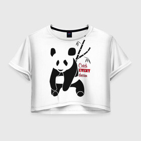 Женская футболка Crop-top 3D с принтом Панда и сон в Тюмени, 100% полиэстер | круглая горловина, длина футболки до линии талии, рукава с отворотами | Тематика изображения на принте: животные | звери | лень | медведь | отдых | панда | природа | сон | усталость
