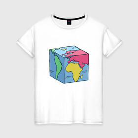 Женская футболка хлопок с принтом Квадратный глобус земли в Тюмени, 100% хлопок | прямой крой, круглый вырез горловины, длина до линии бедер, слегка спущенное плечо | art | cube | cubic | earth | europe | funny | globe | globus | humor | illustration | map | south america | америка | арт | африка | евразия | европа | земля | иллюстрация | карта | континенты | кубизм | кубическая карта | планета | прикол