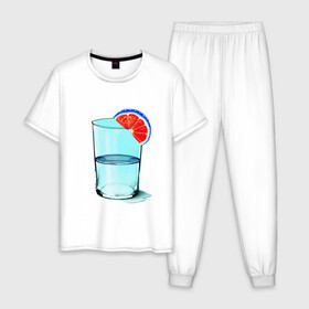 Мужская пижама хлопок с принтом Долька в Тюмени, 100% хлопок | брюки и футболка прямого кроя, без карманов, на брюках мягкая резинка на поясе и по низу штанин
 | апельсин | вода | долька | коктейль | стакан