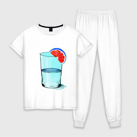 Женская пижама хлопок с принтом Долька в Тюмени, 100% хлопок | брюки и футболка прямого кроя, без карманов, на брюках мягкая резинка на поясе и по низу штанин | апельсин | вода | долька | коктейль | стакан