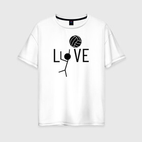Женская футболка хлопок Oversize с принтом LOVE VOLLEYBALL в Тюмени, 100% хлопок | свободный крой, круглый ворот, спущенный рукав, длина до линии бедер
 | anime | haikyu | haikyuu | karasuno | manga | аниме | волейбол | волейбольный клуб | игрок | карасуно | люблю | манга | мяч | силуэт | старшая школа | схематично | хаику | хаикую | человечек | черный