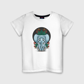 Детская футболка хлопок с принтом Слон и цветы в Тюмени, 100% хлопок | круглый вырез горловины, полуприлегающий силуэт, длина до линии бедер | Тематика изображения на принте: cute | elephant | животное | милый | слон | слоненок | слоник | цветы