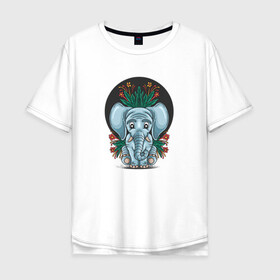 Мужская футболка хлопок Oversize с принтом Слон и цветы в Тюмени, 100% хлопок | свободный крой, круглый ворот, “спинка” длиннее передней части | cute | elephant | животное | милый | слон | слоненок | слоник | цветы