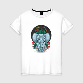 Женская футболка хлопок с принтом Слон и цветы в Тюмени, 100% хлопок | прямой крой, круглый вырез горловины, длина до линии бедер, слегка спущенное плечо | cute | elephant | животное | милый | слон | слоненок | слоник | цветы