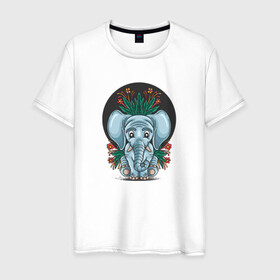 Мужская футболка хлопок с принтом Слон и цветы в Тюмени, 100% хлопок | прямой крой, круглый вырез горловины, длина до линии бедер, слегка спущенное плечо. | cute | elephant | животное | милый | слон | слоненок | слоник | цветы