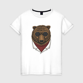 Женская футболка хлопок с принтом Крутой Медведь в очках в Тюмени, 100% хлопок | прямой крой, круглый вырез горловины, длина до линии бедер, слегка спущенное плечо | bear | grizzly | kuma | гриззли | гризли | грозный | крутой | медведь | медвежонок | мишка