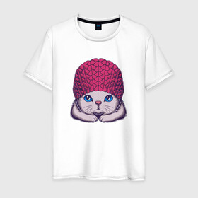 Мужская футболка хлопок с принтом Котик в шапке в Тюмени, 100% хлопок | прямой крой, круглый вырез горловины, длина до линии бедер, слегка спущенное плечо. | cat | kawaii | kitten | kitty | pussycat | в шапке | кот | котенок | котик | кошачьи | кошка | милый