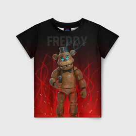 Детская футболка 3D с принтом FNAF FREDDY в Тюмени, 100% гипоаллергенный полиэфир | прямой крой, круглый вырез горловины, длина до линии бедер, чуть спущенное плечо, ткань немного тянется | игры | искры | красный | стиль | фнаф | фредди