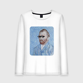 Женский лонгслив хлопок с принтом Ван Гог в очках в Тюмени, 100% хлопок |  | автопортрет | арт | ван гог | ван гог мем | звезда | звёздная ночь | крутой | мемасик | мемасные очки | очки | очки из мема | пиджак | художник