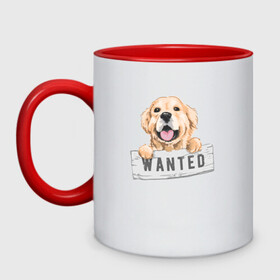 Кружка двухцветная с принтом Dog Wanted в Тюмени, керамика | объем — 330 мл, диаметр — 80 мм. Цветная ручка и кайма сверху, в некоторых цветах — вся внутренняя часть | cute | dog | wanted | woof | гав | забавный | пес | песель | песик | смешной | собака | собачка | щенок