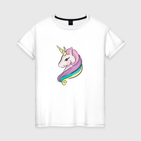 Женская футболка хлопок с принтом Верю в единорогов в Тюмени, 100% хлопок | прямой крой, круглый вырез горловины, длина до линии бедер, слегка спущенное плечо | horse | kawaii | unikorn | единорог | единорожка | конь | лошадь | пони | радуга | рог | цветной