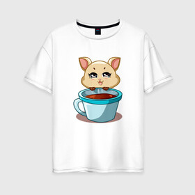 Женская футболка хлопок Oversize с принтом Котик с кружкой кофе в Тюмени, 100% хлопок | свободный крой, круглый ворот, спущенный рукав, длина до линии бедер
 | cat | kawaii | kitten | kitty | pussycat | кот | котенок | котик | кофе | кошачьи | кошка | кружка | милый