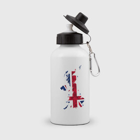Бутылка спортивная с принтом Великобритания в Тюмени, металл | емкость — 500 мл, в комплекте две пластиковые крышки и карабин для крепления | карта | мира | остров | силуэт | страны | флаг