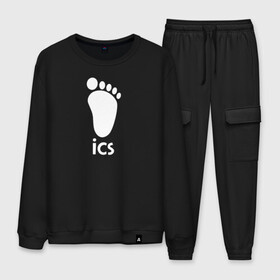 Мужской костюм хлопок с принтом iCS Foot Logo Haikyu!! в Тюмени, 100% хлопок | на свитшоте круглая горловина, мягкая резинка по низу. Брюки заужены к низу, на них два вида карманов: два “обычных” по бокам и два объемных, с клапанами, расположенные ниже линии бедра. Брюки с мягкой трикотажной резинкой на поясе и по низу штанин. В поясе для дополнительного комфорта — широкие завязки | Тематика изображения на принте: anime | haikyu | haikyuu | karasuno | manga | аниме | белый | волейбол | волейбольный клуб | икс | ицс | карасуно | корпорация | лого | логотип | манга | нога | организатор игр | след | старшая школа | ступня | хаику | хаикую