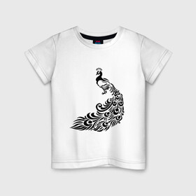 Детская футболка хлопок с принтом Павлин в Тюмени, 100% хлопок | круглый вырез горловины, полуприлегающий силуэт, длина до линии бедер | Тематика изображения на принте: гребень | длинные перия | жар птица | крылья | павлин | перья | птица | хвост