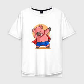 Мужская футболка хлопок Oversize с принтом Свинка супермен даббинг в Тюмени, 100% хлопок | свободный крой, круглый ворот, “спинка” длиннее передней части | dab | pig | даб | даббинг | животное | свинка | свинья | супермен | хрюша | хрюшка