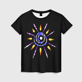Женская футболка 3D с принтом спираль с лучами в Тюмени, 100% полиэфир ( синтетическое хлопкоподобное полотно) | прямой крой, круглый вырез горловины, длина до линии бедер | звезда | космос | лучи | необычное | неон | нло | прикольное | спираль | странное | фрик