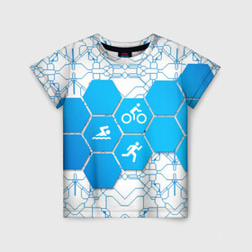 Детская футболка 3D с принтом Плыви, Крути, Беги в Тюмени, 100% гипоаллергенный полиэфир | прямой крой, круглый вырез горловины, длина до линии бедер, чуть спущенное плечо, ткань немного тянется | bike | ironman | run | running | swim | swimming | triathlon | бег | бегун | велосипед | велоспорт | выносливость | железный человек | плавание | спорт на выносливость | триатлон | цикличный вид спорта