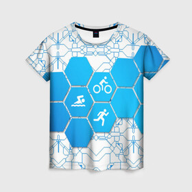 Женская футболка 3D с принтом Плыви, Крути, Беги в Тюмени, 100% полиэфир ( синтетическое хлопкоподобное полотно) | прямой крой, круглый вырез горловины, длина до линии бедер | bike | ironman | run | running | swim | swimming | triathlon | бег | бегун | велосипед | велоспорт | выносливость | железный человек | плавание | спорт на выносливость | триатлон | цикличный вид спорта