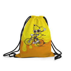 Рюкзак-мешок 3D с принтом Банан на велосипеде в Тюмени, 100% полиэстер | плотность ткани — 200 г/м2, размер — 35 х 45 см; лямки — толстые шнурки, застежка на шнуровке, без карманов и подкладки | Тематика изображения на принте: байк | банан | бананчик | велик | велосипед | живой банан | спорт