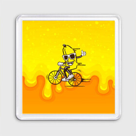 Магнит 55*55 с принтом Банан на велосипеде в Тюмени, Пластик | Размер: 65*65 мм; Размер печати: 55*55 мм | Тематика изображения на принте: байк | банан | бананчик | велик | велосипед | живой банан | спорт
