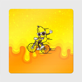 Магнит виниловый Квадрат с принтом Банан на велосипеде в Тюмени, полимерный материал с магнитным слоем | размер 9*9 см, закругленные углы | Тематика изображения на принте: байк | банан | бананчик | велик | велосипед | живой банан | спорт