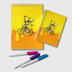 Блокнот с принтом Банан на велосипеде в Тюмени, 100% бумага | 48 листов, плотность листов — 60 г/м2, плотность картонной обложки — 250 г/м2. Листы скреплены удобной пружинной спиралью. Цвет линий — светло-серый
 | байк | банан | бананчик | велик | велосипед | живой банан | спорт