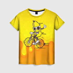 Женская футболка 3D с принтом Банан на велосипеде в Тюмени, 100% полиэфир ( синтетическое хлопкоподобное полотно) | прямой крой, круглый вырез горловины, длина до линии бедер | байк | банан | бананчик | велик | велосипед | живой банан | спорт