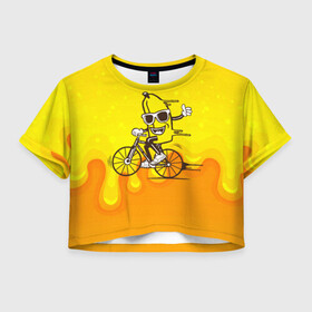 Женская футболка Crop-top 3D с принтом Банан на велосипеде в Тюмени, 100% полиэстер | круглая горловина, длина футболки до линии талии, рукава с отворотами | байк | банан | бананчик | велик | велосипед | живой банан | спорт